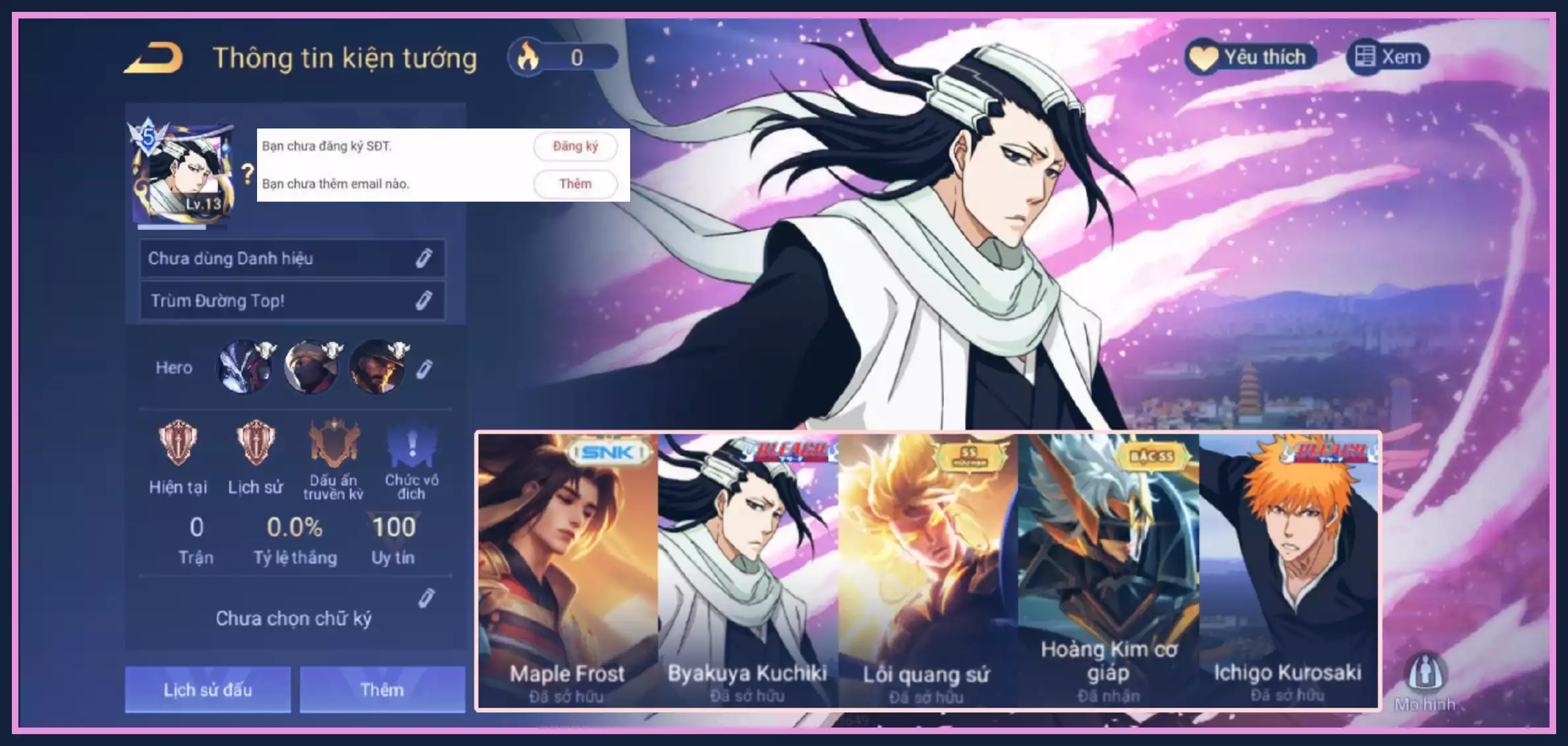 ACC REG: Bijan hoàng kim cơ giáp, Nakroth lôi quang sứ, Murad BLEACH, Ryoma maple frost, Lữ bố BLEACH... sẵn tướng, free đổi tên, trắng thông tin