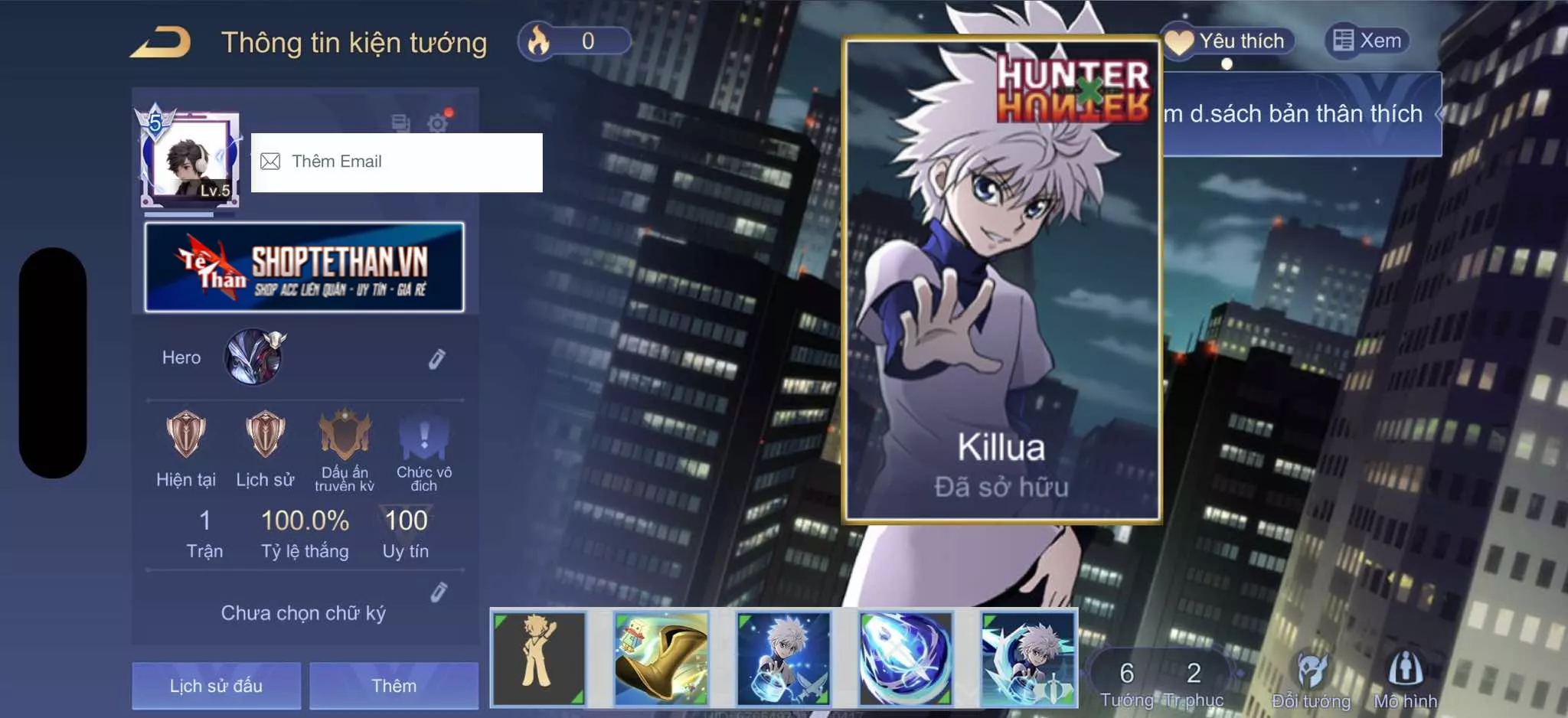 (GIẢM GIÁ) ACC REG: Nakroth Killua, sẵn tướng, free đổi tên, trắng thông tin