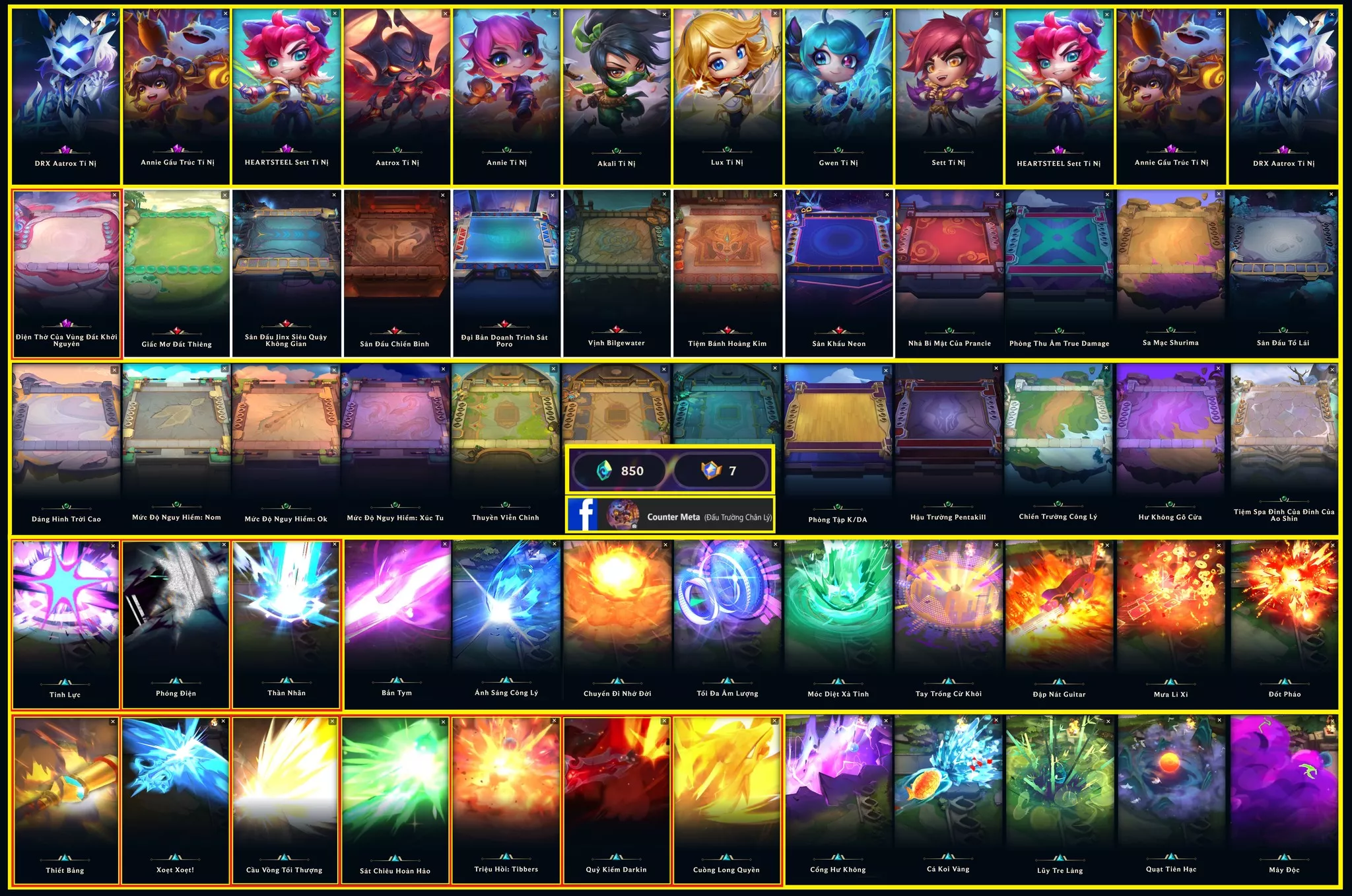 🔰 3 PET TÍM ▶ 1 SÀN TÍM ▶ 6 TÍ NỊ ▶ DRX AATROX TÍ NỊ ✅ YONE TÀ ẢNH SONG KIẾM TÍ NỊ ✅ ANNIE GẤU TRÚC TÍ NỊ ✅ SET HEARTSTEEL TÍ NỊ  ▶ SÀN - ĐIỆN THỜ VÙNG ĐẤT KHỞI NGUYÊN ⬆️ 7 HUY HIỆU THẦN THOẠI - 850 PHA LÊ ⬆️ 7/10 HUY HIỆU QUY ĐỔI THÊM PET - SÀN TÍM MỚI