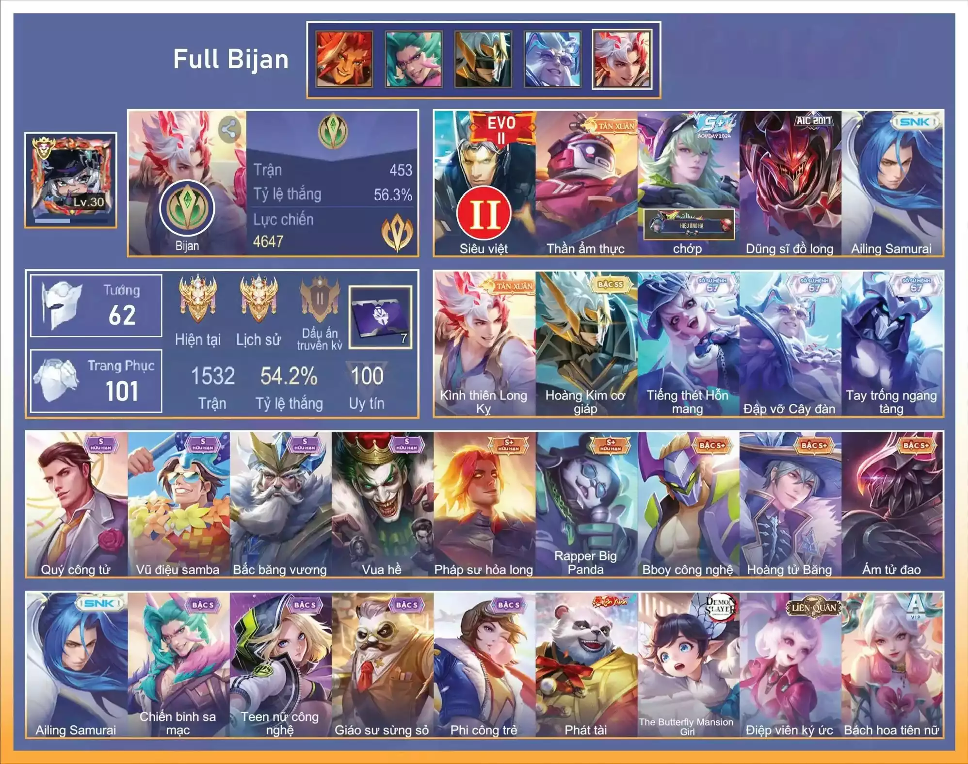 Full Skin Bijan, Nakroth Chớp, Ryoma Samurai, Valhien Hoàng tử