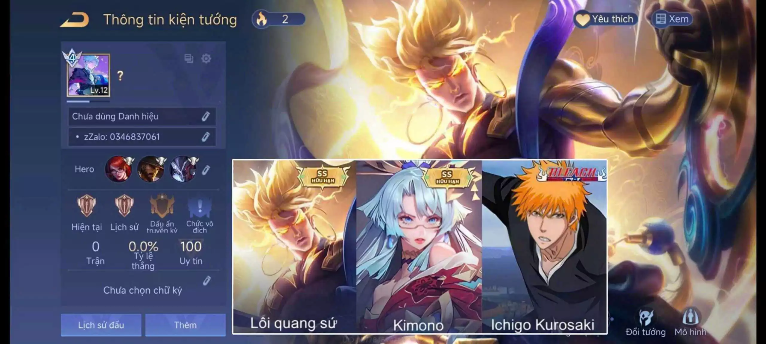 ACC REG: Lữ Bố Ichigo Kurosaki, Paine Công tước máu, Nakroth Lôi Quang Sứ, Veres Kimono... trắng thông tin